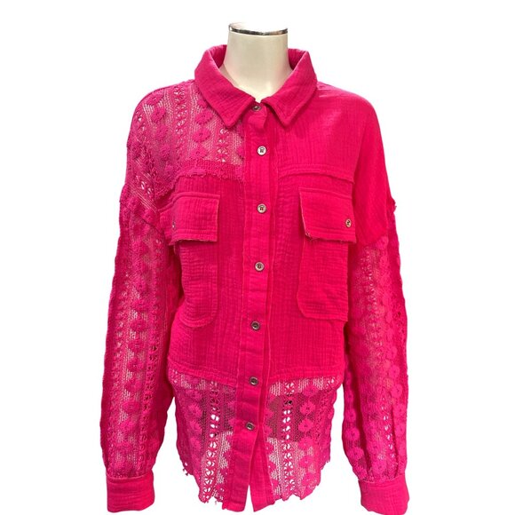 Andree By Unit XL Hot Pink Cotton Lace Shacket Button Front Textured Boho Core - Picture 2 of 12